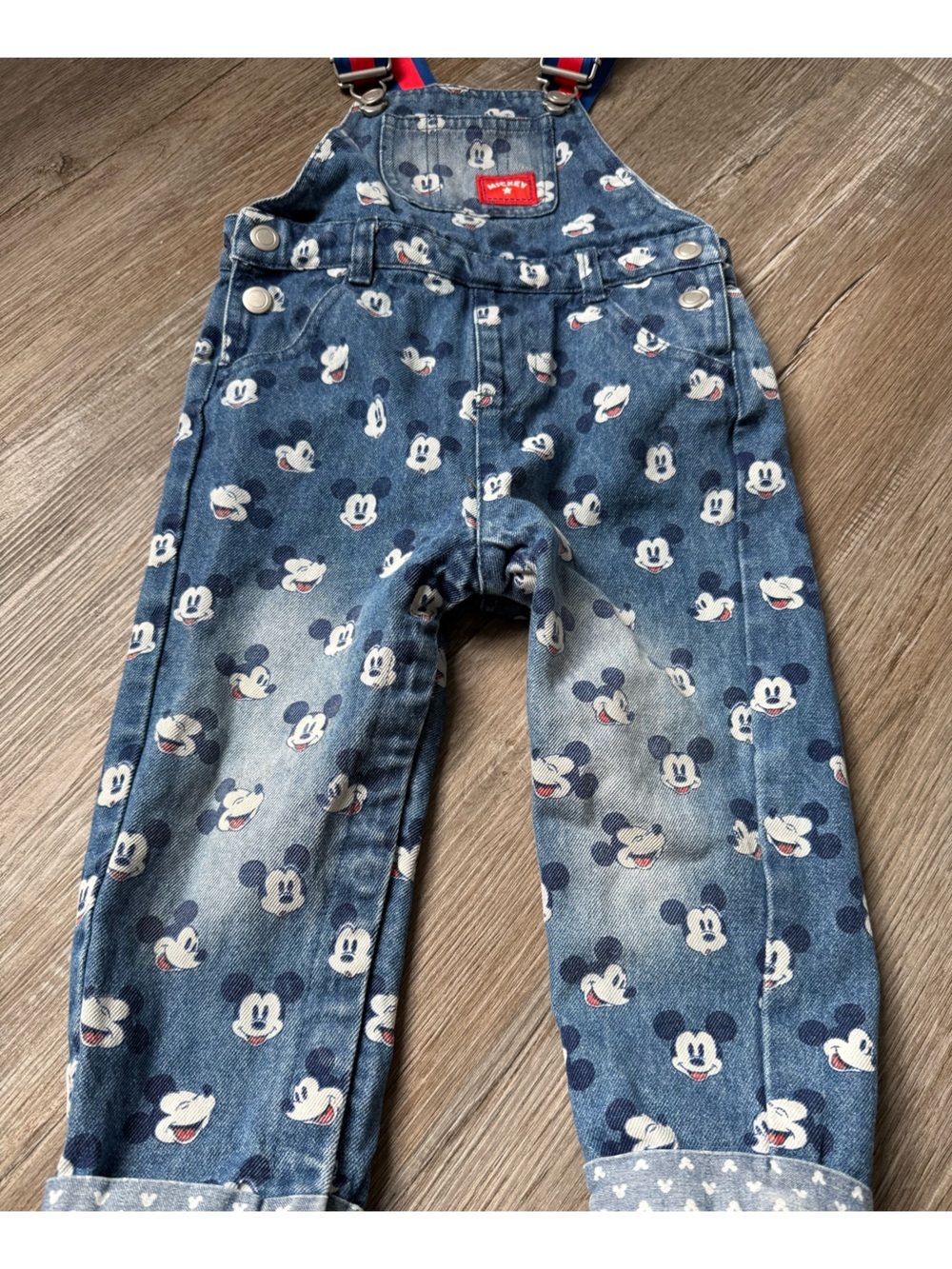 VTG Disney Baby Denim Overalls with Mickey Print Red White Blue 18 - 24 Mo - Picture 2 of 7